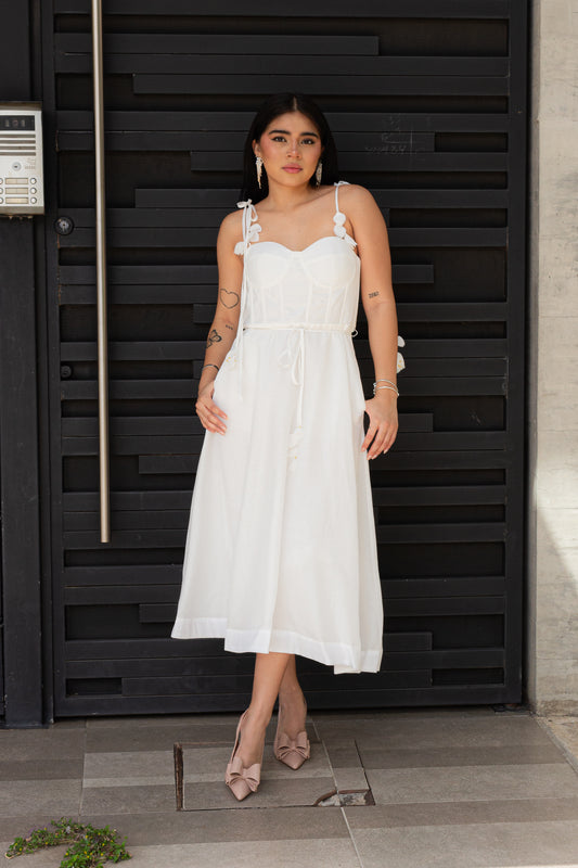 Vestido blanco cordón hojitas